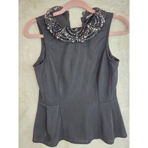 Papaya Black Sleeveless Peplum Top Rhinestone Pearl Lace Collar Back Zip Womens